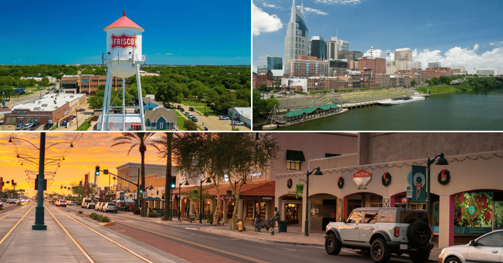 Where Growth is Happening Now America’s Fastest Expanding Suburbs - clockwise - Frisco Texas - Nashville Tennessee - Mesa Arizona