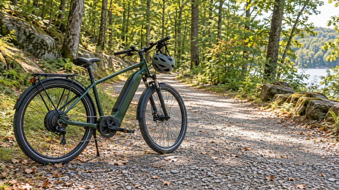 Parked e-bike and helmet beside a wooded trail.