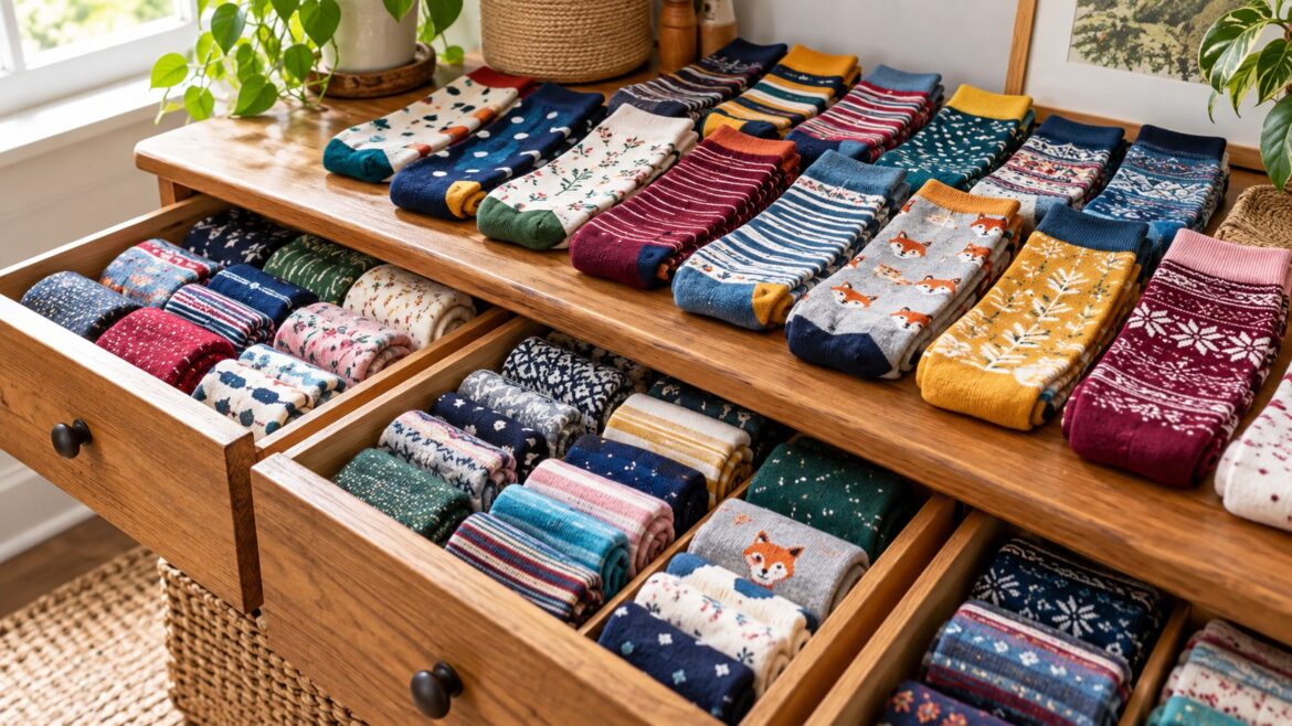 Colorful patterned socks arranged in open wooden drawers and on a dresser.