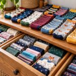 Colorful patterned socks arranged in open wooden drawers and on a dresser.