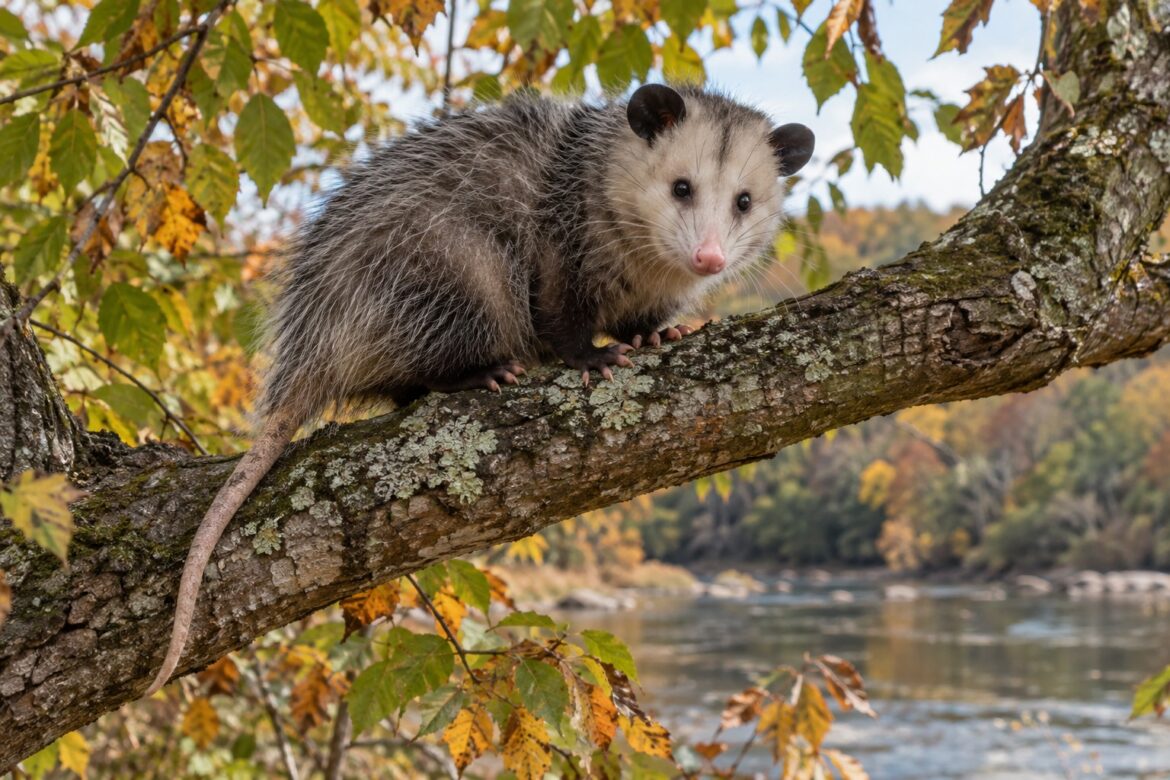 A Virginia opossum resting on a tree branch above a wooded riverbank.