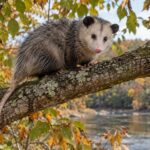 A Virginia opossum resting on a tree branch above a wooded riverbank.