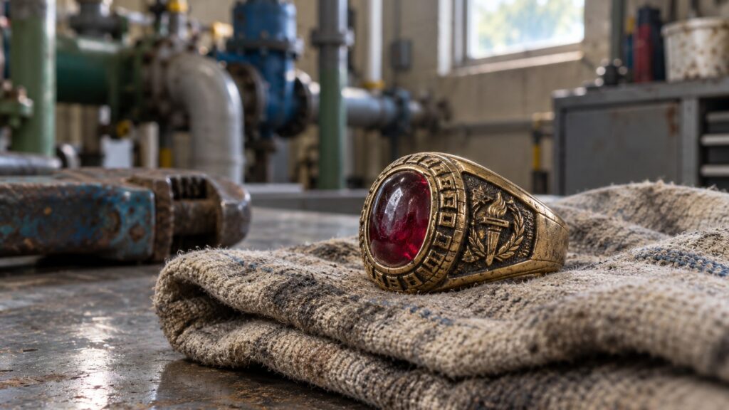 Vintage gold class ring with a red stone resting on a work rag on a wastewater plant workbench