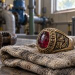 Vintage gold class ring with a red stone resting on a work rag on a wastewater plant workbench